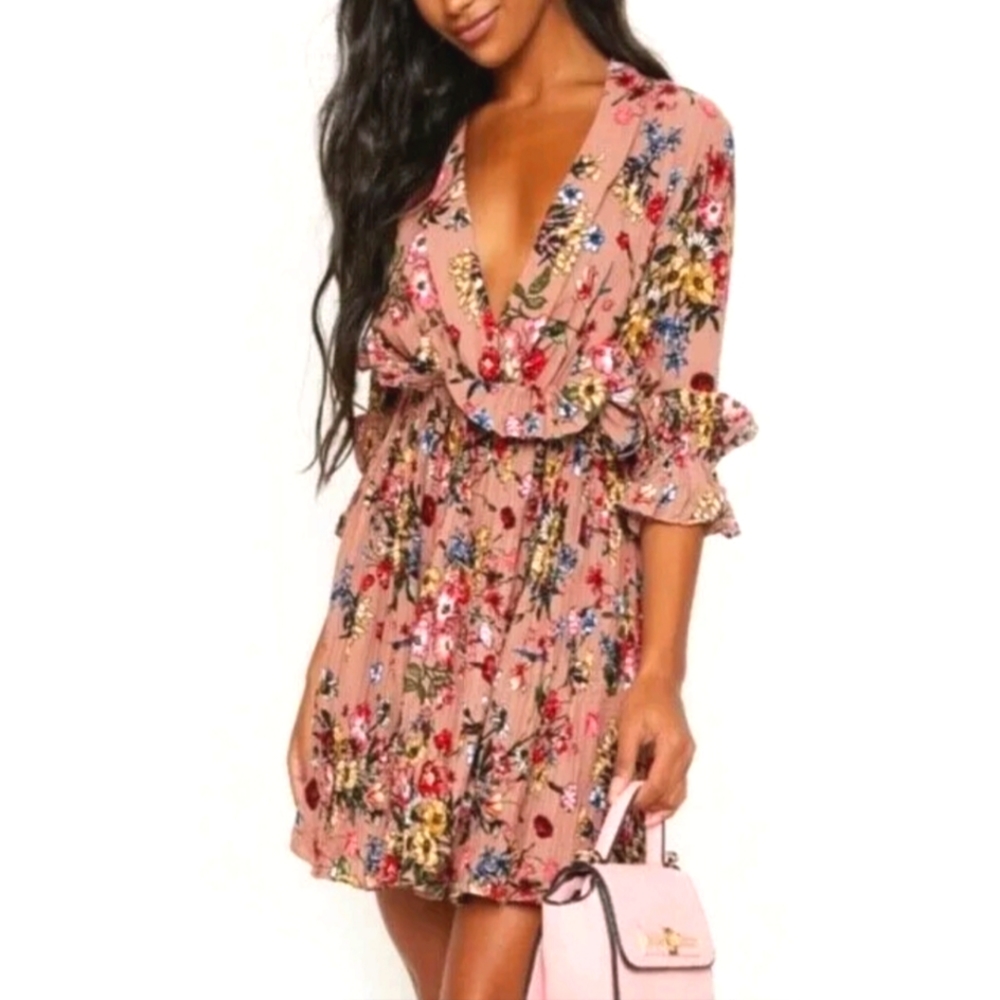 Pretty Little Thing Dark Nude Floral Frill Pleated Romantic Skater Dress…
